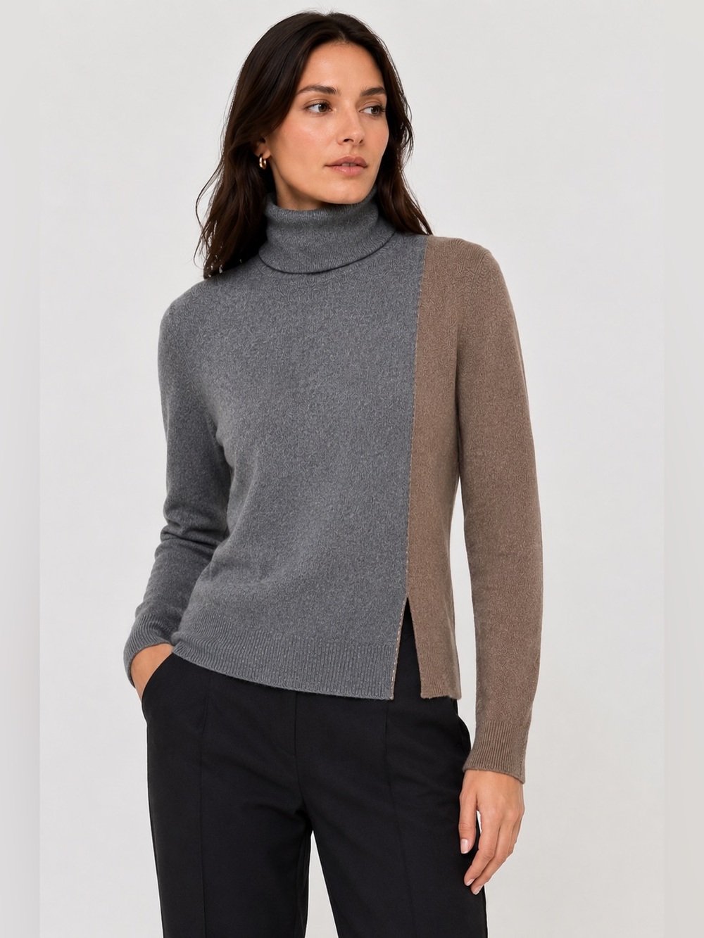 Akris Punto Colorblock Wool Turtleneck Sweater 6 Gray Taupe Pullover Women’s